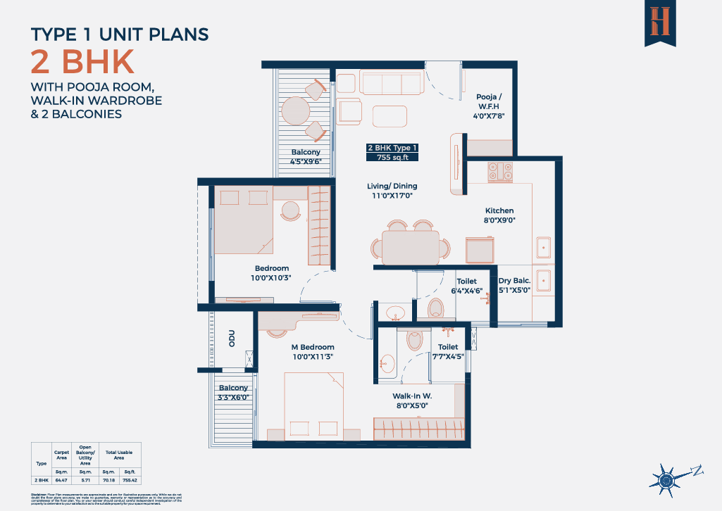 2 BHK Type-1 Floor Plan